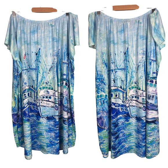LEOMA LOVEGROVE‎ Women's XL Nautical Sailboat Tropical Beach Off Shoulder Dress - Picture 1 of 7